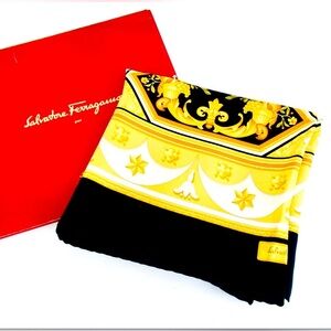 Salvatore Ferragamo Vintage Silk Scarf Baroque Floral Black Gold Print with Box